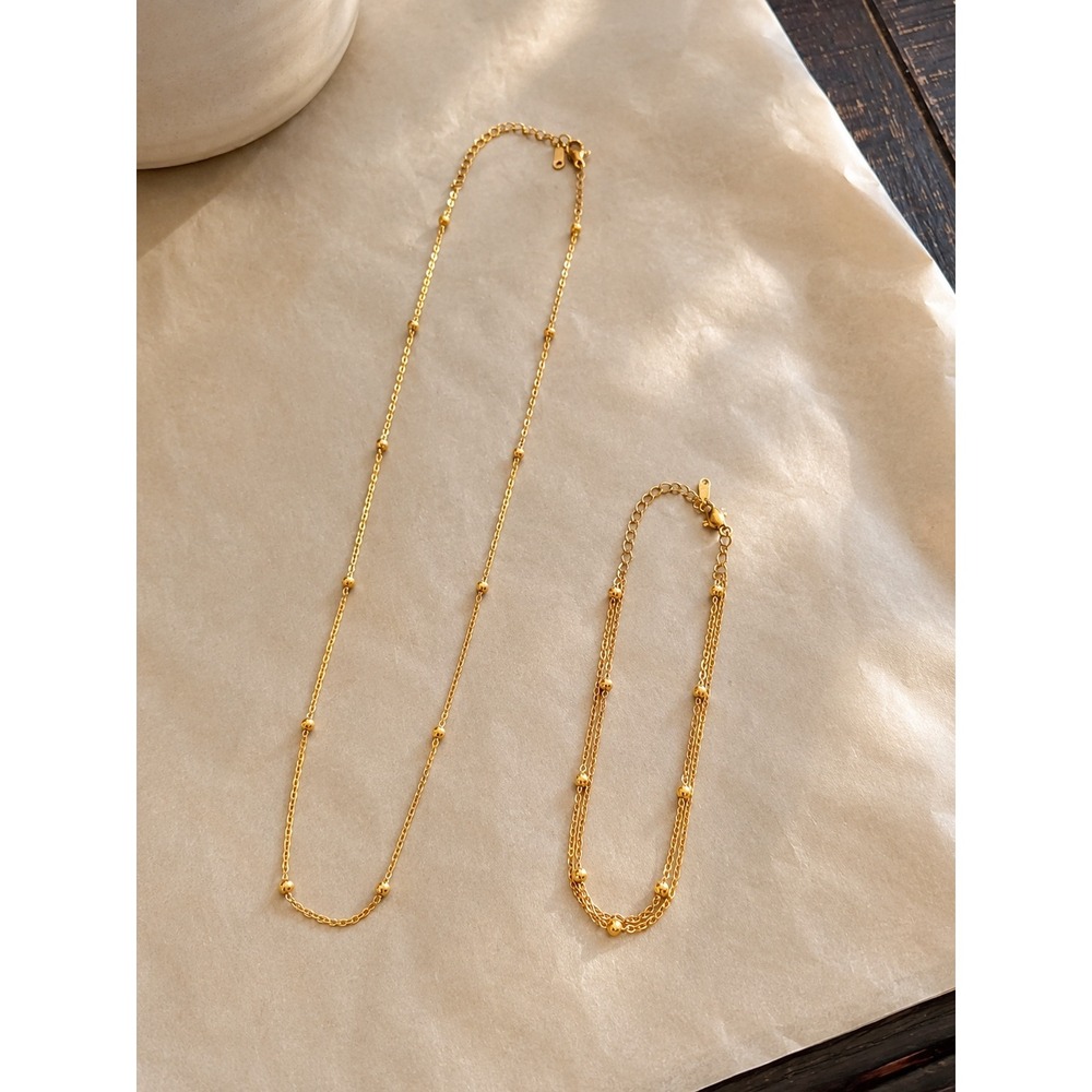 Gold Tone Satellite Bead Chain Necklace and Double Strand Bracelet Jewelry Set